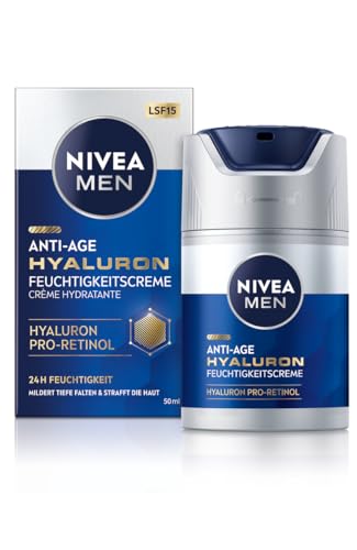 NIVEA MEN Crema idratante ialuronico anti-età, cura del viso con acido ialuronico, pro-retinolo e SPF 15, crema viso per 24 ore di umidità e rughe visibili (50 ml)