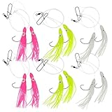 Xubbwov 6-Pack Hi-Lo Fluke Rigs for Summer Flounder - Double 3/0 Kahle Hook Saltwater Fishing Rigs - 28' 50lb Mono Leader - Fluorescent Green, Pink & Glow-in-the-Dark Squid Skirts