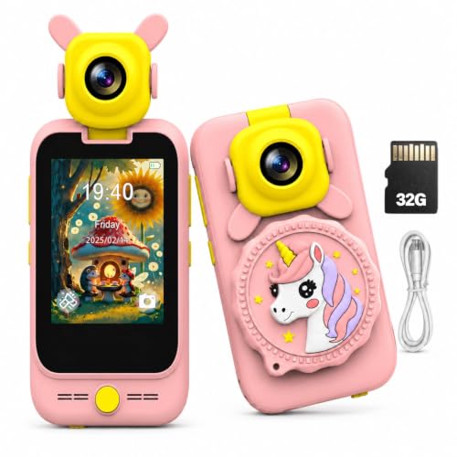 TOSBARRFT Téléphone pour enfants, appareil photo rabattable et microscope - Cadeau pour enfants de 3 à 8 ans - Dinosaure vert - Écran tactile de 2,8", 32 Go inclus, environ 2,5 h d'utilisation