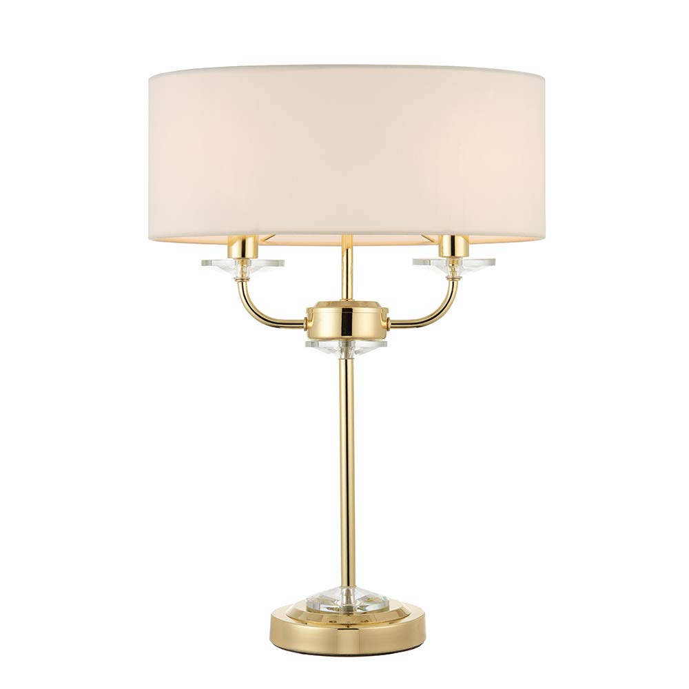National Lighting Kennedy Modern Inline Switch Brass Table Lamp with Crystal Detail and White Fabric Shade