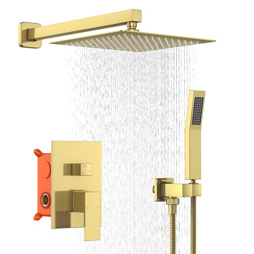 Combo de Cabezal de Ducha, Cabezal de Ducha con Rociador de Mano y Juego de Grifo de Ducha de 10 Pulgadas en Oro para Baño, Alta Presión, Montado en Pared miniatura 1