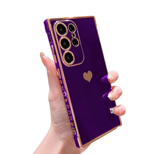 phylla Compatible with Samsung Galaxy S25 Ultra 6.8" 5g Phone Case Luxury Plating Cute Love Heart Side Small Pattern Case Full Camera Protection Soft Silicone Shockproof Bumper Cover (Deep Purple)