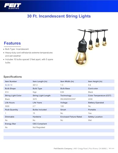 Image of Feit Electric 30ft Outdoor Incandescent String Lights, Warm Amber Glow, Heavy-Duty Weatherproof Cord, Includes 10 Clear Bulbs + 5 Spares, End-to-End Connectable for Patios and Gazebos, SL30-10