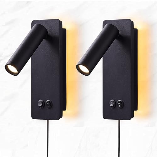 LED wall lamp and reading light two-in-one multifunctional wall sconces. LED Wall Lamp Plug in for Bedroom Bedside Wall Sconces Set of Two Black Reading Light 3W+6W Night Light 3000K(BLACK) by MOLUOLA LIGHTING - Used condition - Image 9