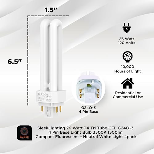 Sleeklighting 26 Watt T4 Double Tube Cfl 4 Pin G24Q-3 Base Light Bulb 3500K 1500Lm -Ul Listed,Compact Fluorescent -Neutral White Light 4Pack #TOP1