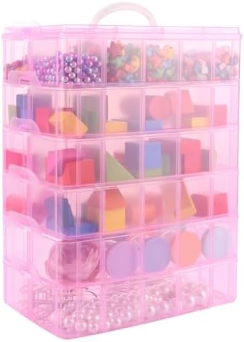 ACXFOND 6-Tier Stackable Storage Container Bead Organizer Box 60 Adjustable Compartments for Arts and Crafts, Toy, Fuse Beads, Washi Tapes, Beauty Supplies, Sewing Storage (Pink)