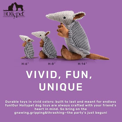 Image of Hollypet Plush Dog Squeaky Toy Stuffed Armadillo Animal Pet Puppy Chew Toys with Clean Teeth for Small Medium Large All Breed Sizes Dogs, Dark Gray, 6 in