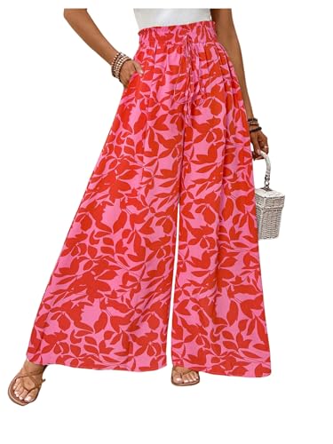 Floerns Women's Summer Tropical Palazzo Pants High Waist Wide Leg Beach Trousers