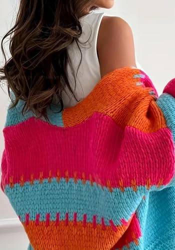 LAJIOJIO Women's Striped Cardigan Sweaters Fall Outfits,Puff Long Sleeve Color Block Open Front Outwear Knit Sweater Coats2