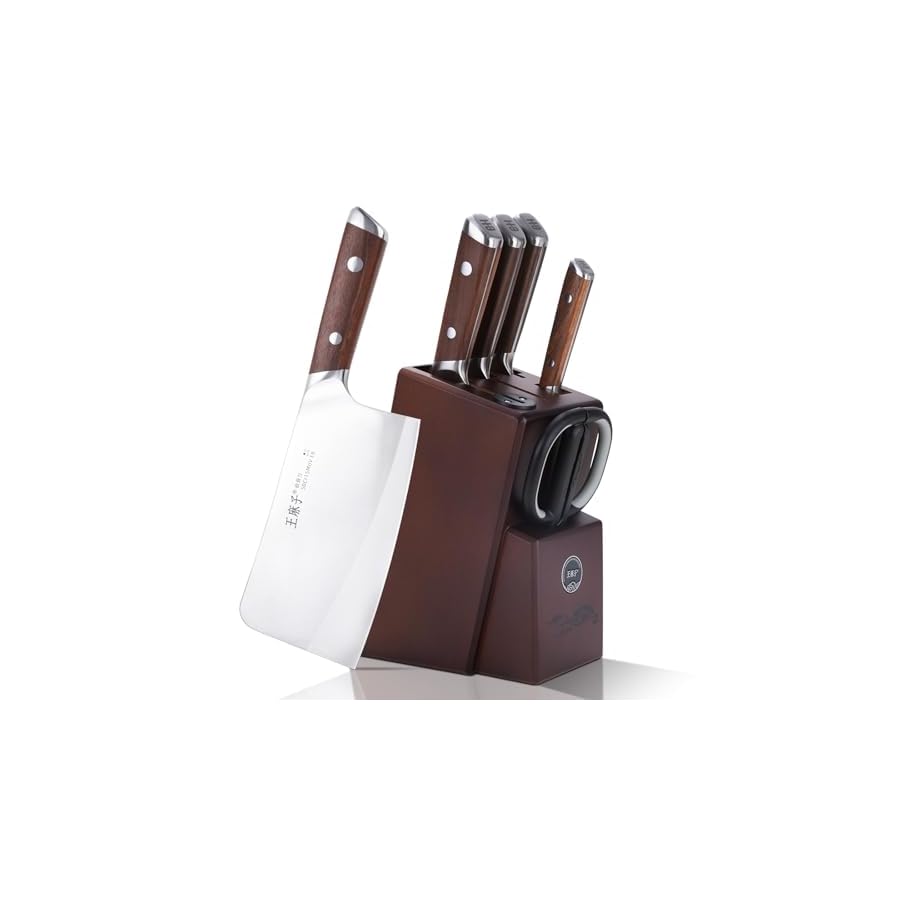 Kitchen Knife Block Set with Built-in Sharpener, Kitchen Knives with Block Original Wooden and Shears, 7 Pieces, Christmas Gifts for Men and Women, Parents