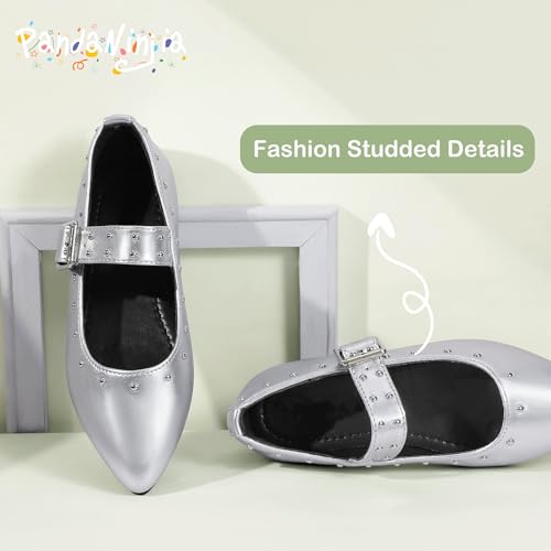 PANDANINJIA Girls Dress Shoes Studded Mary Jane Ballet Flats for Girl Pointed Toe Little Big Kid Flower Girl Party Formal Wedding Shoes3