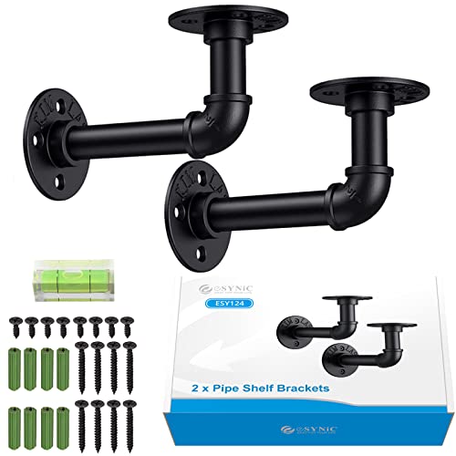eSynic 2Pcs Pipe Brackets Black Industrial Pipe Shelf Brackets for Shelves Tube Rack Iron 1/2 inch Pipe Brackets Floating Shelves for Scaffold Board (15 * 8cm) with a Spirit Level