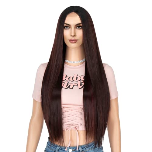 K'ryssma Burgundy Wig with Dark Root Synthetic Wigs for Women Long Straight Natural Looking Dark Red Wig with Side Part