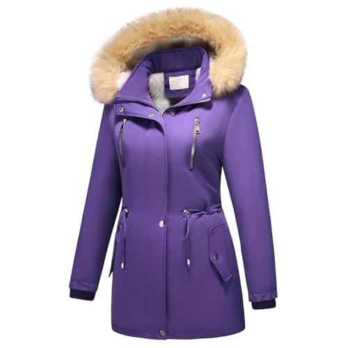 MODFUL Parka Veste en Duvet Polaire pour Femme avec Capuche Amovible Manteau d'Hiver Chaud Sherpa Vêtement d'Extérieur, violet, XL