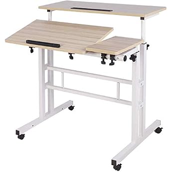 sogesfurniture height adjustable computer table laptop table with wheels mobile desk PC table notebook table laptop stand for home and office maple