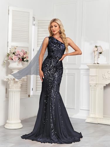 Image of One Shoulder Glitter Mermaid Dress for Mother of The Bride Women's Sexy Sequin Formal Gown