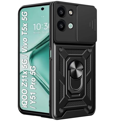 TheGiftKart Back Cover Case for iQOO Z11x / Vivo T5x / Vivo Y51 Pro 5G | Armor Bumper Case with Sliding Camera Cover, Kickstand & Ring Holder | 360° Protection iQOO Z11x Back Cover (PC & TPU, Black)