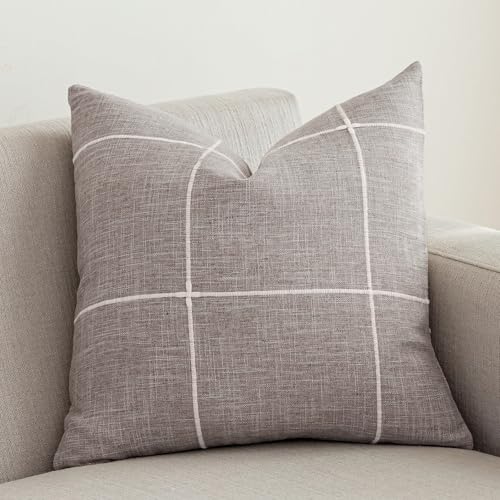 vctops Rustic Lattice Cotton Linen Decorative Throw Pillow Cover Embroidery Square Cushion Cover Pillowcase for Sofa Bedroom Couch (Plaid Brown, 24"x24")
