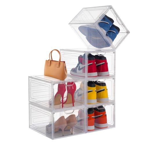 ASAHIKI シューズボックス 靴箱 スニーカーボックス 透明 シューズケース 大容量 前開きドア 磁石開閉 防水 防塵 防汚 積み重ね可能 靴収納ボックス 省スペース 簡単組立 説明書付き 多用途 ディスプレイボックス 小物入れ 化粧品収納 スニーカーケース 6個 セット（トランスペアレント）