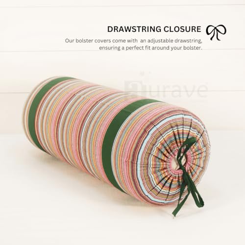 Image of AURAVE Woven Cotton 144 TC Printed Bolster Cover with Drawstring Closure, Set of 2, Soft Breathable Durable Machine Washable for Sofa Bed & Home Decor, 15 inchx30 inch, Bottle Green | Cover Only