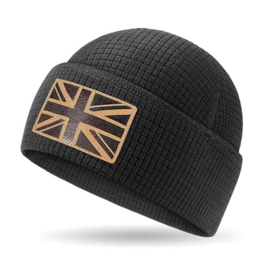 Outdoor Shaping Grid Bonnet à revers en polaire avec écusson du drapeau britannique en cuir gaufré tactique armée militaire crâne Cap, noir, taille unique