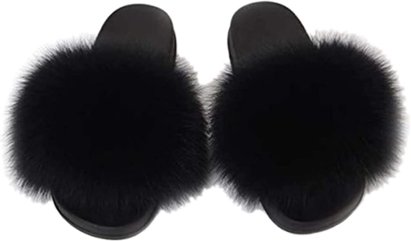 DAYISS Women Fox Fur Slippers Summer Colorful Feather Open Toe Slip On Sandals