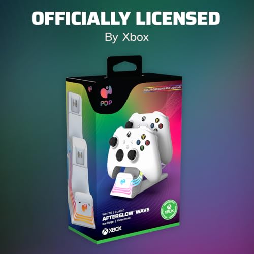 Image of PDP Afterglow Wave Dual Charger for Xbox Series X|S, Xbox One Controllers | Customizable RGB Lighting, Charges 2 Controllers, Rechargeable 40-Hr Battery, Licensed for Xbox, White