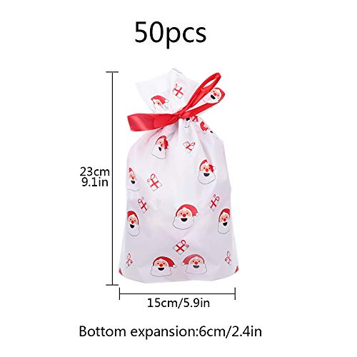 Weihnachten Geschenkbeutel mit Kordelzug,50 stücke Urlaub Rot Rentier Weihnachts Paket Geschenk Süßigkeiten Süße Tasche Kunststoff Weihnachten Goody Bags für Hochzeitstag Frohe Weihnachten (E)