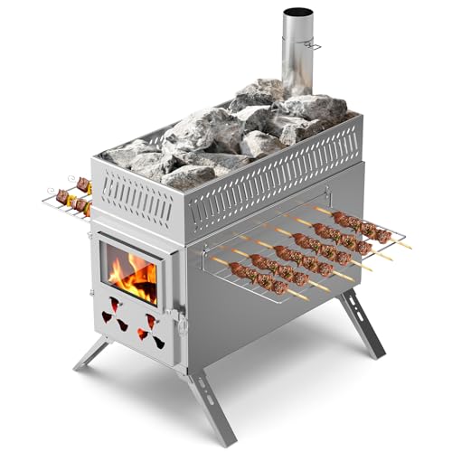 MOPHOTO Sauna-Heißzeltofen, Raketen-Camping-Holzofen mit 8 Edelstahl-Kaminrohren, tragbarer, zusammenklappbarer Holzofen für Zelt, Außenheizung, Kochen, Eisfischen, Jagen(46x25x27cm)