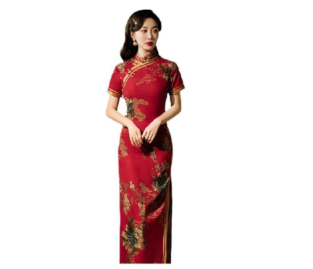 Abito Cinese da Donna - Elegante Abito da Sposa Floreale con Stampa Floreale da Sposa Orientale in Raso con Collo alla Coreana da Sera Qipao Oversize A Maniche Lunghe Cheongsam