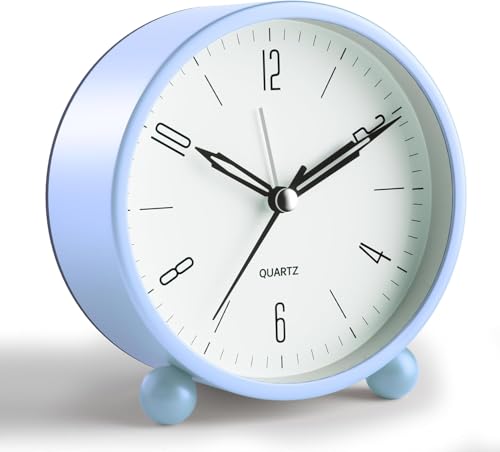 Analog Alarm Clock, 4 inch Super Silent Non Ticking Small Clock with Night Light, Battery Operated