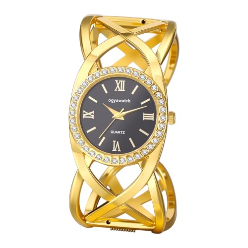 Image of Oidea Women Gold Cuff Bangle Watch: Luxury Cubic Zirconia Diamond Decoration Black Round Dial Analog Quartz Wrist Watch Ladies Business Dress Charm Chunky Open Bracelet Watches