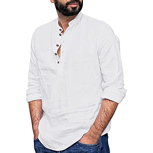 Ovetour Men's Long Sleeve Linen Stand Collar Loose Button Down Henley Shirt - White - L