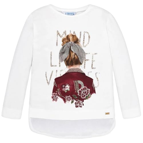 T-shirt fille manches longues en coton anti-irritation blanc fleuri et pailleté