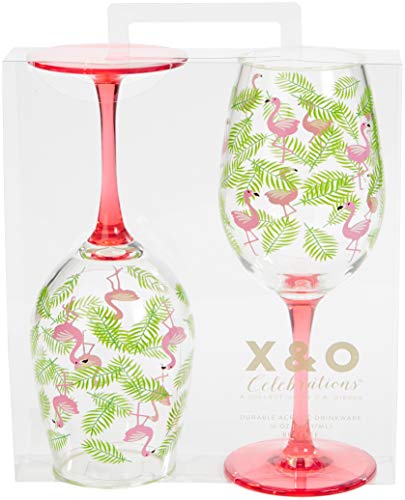 X&O Paper Goods Tropical Pink Flamingo And Palm Leaf Plastic Wine Glass Set, 2Pcs, 16 Oz., 3.5'' W X 8.75'' H #TOP1