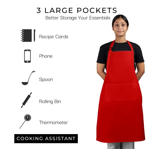 RAJRANG Cotton Chef Apron with 3 Pockets, Red, L-90 X W-69 CM - Image 4