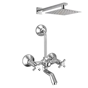 ZAP Caster Series 100% Full Brass Wall Mixer with Overhead Shower System Set and 125mm Long Bend Pipe For Bathroom (Chrome Finish)