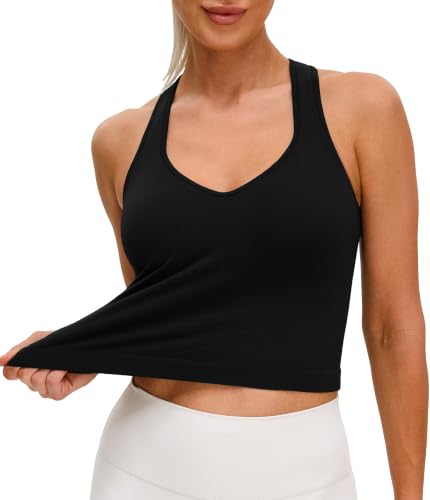 MathCat Seamless Longline Sports Bra Racerback Tank Tops for Women Slight V-Neck Ribbed Padded Workout Yoga Top Black