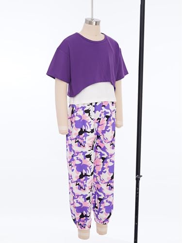 Kids Girls 3 Piece Workout Sports Outfit Short Sleeve Crop Top Cami Vest with Jogger Sweatpants Set Tracksuit Purple 6-7 Years4