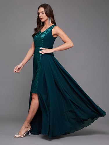 Image of Miss Chase Women's Round Neck Sleeve Embellished Fit Flare Maxi Dress