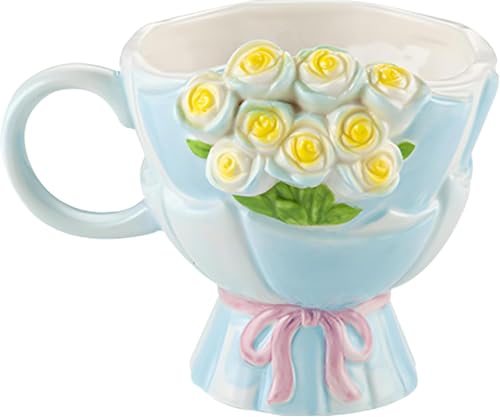 3D Rose Ceramic Mug,Cute Cartoon Handmade Figurine Mugs with Lid,Creative Flower Cup for Office and Home,Perfect for Coffee, Tea, Milk, and More (Blue)