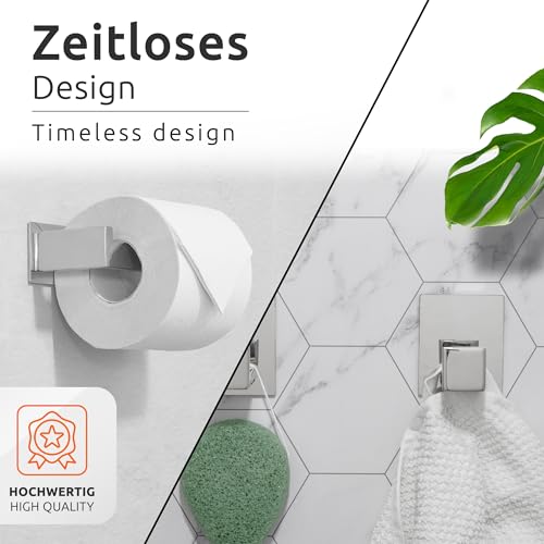 ECENCE 1x Toilettenpapierhalter + 2X Handtuchhaken ohne Bohren, Badezimmerset selbstklebend Chrom Badezimmeraccessoires - aus rostfreiem Edelstahl 304, Handtuchhalter + Klorollenhalter