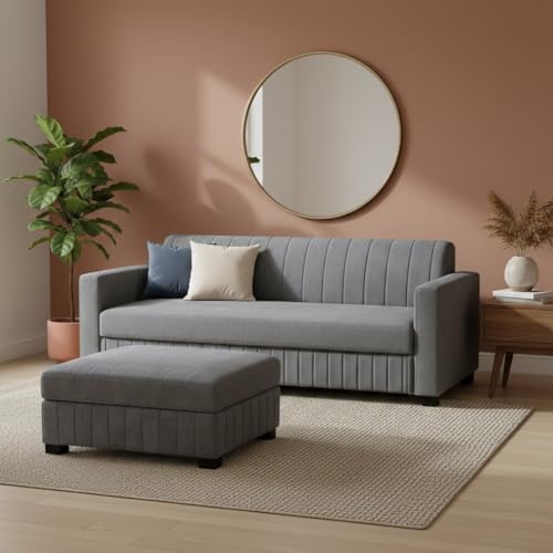 Image of FURNY Almora 4 Seater L Shape Sofa Set with Movable Ottoman | Flexible Left or Right Layout | Plush Velvet Fabric (Dark Grey) | Perfect for Living Room, Guest Room & Office