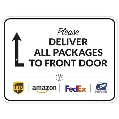 Image of Package Delivery Sign, Delivery Instructions Deliver All Package to Front Door Up Arrow Sign, 18x24 Inches, Rust Free .063 Aluminum, Fade Resistant, Made in USA by Sigo Signs