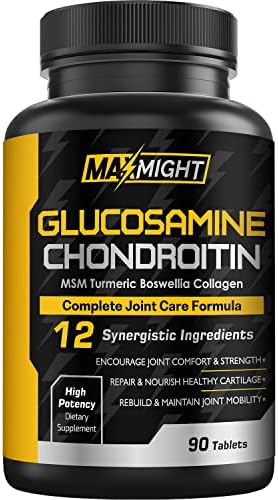 MaxMight Glucosamine Chondroitin MSM Turmeric, Boswellia, 12 Clinically Backed Ingredients to Promote Joint Comfort, Mobility, Lubrication & Strength for Men Women & Senior, Non-GMO No Gluten, 90 Tab