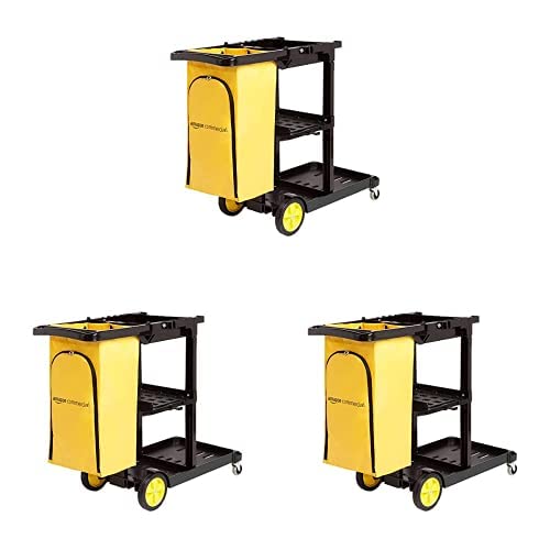 AmazonCommercial Reinigungswagen mit Reißverschlusstasche und 2 Ablageflächen, 3er Packung