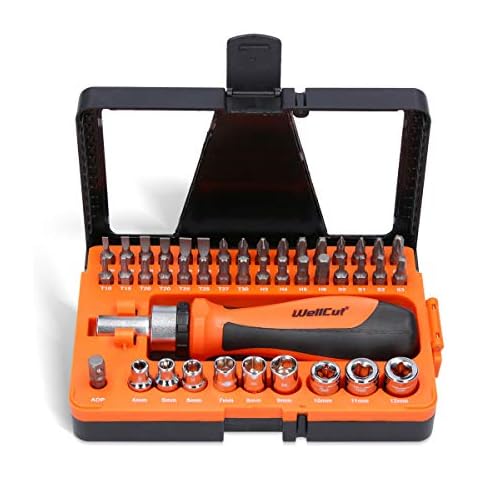 WellCut Magnetic Ratchet Screwdriver Set 44 Piece with Rotatable Handle Plus Accessories, Anti-Slip Handle for Work Home DIY Quick Repair, Black & Orange Cover