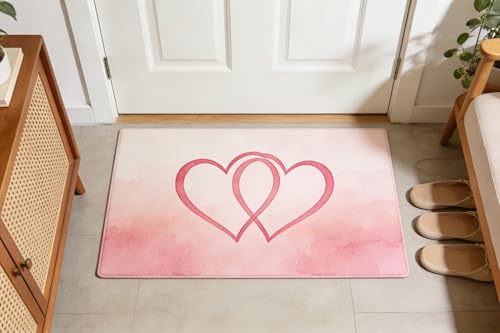 CGVHSK Romantic Double Hearts Watercolor Doormat, Soft Microfiber, Love-Themed Floor