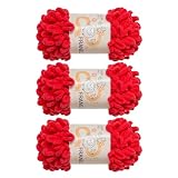 Franel Loop Yarn 100% Polyester Chenille Puffy Yarn, Craft Chunky Finger Knitting Loopy Yarn Soft and Light Material, Perfect for DIY Hand Woven Knitting Crafts Supplies (09 Red, 3-Pack)