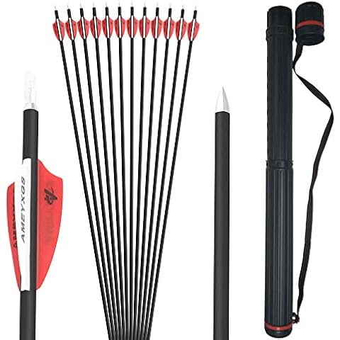 6/12/24pcs Archery Carbon Arrows 1000 Spine Hunting Arrows with 2" Shield Rubber Feather, for Hunting Targets Recurve Bow Compound Bow Shooting Practice Outdoor (12pcs+1 quiver, red and white) Cover